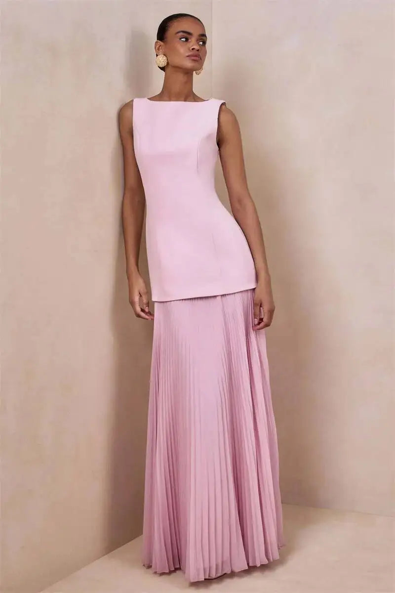 Vestido de Festa Longo Duas Peças Justo Plissado Decote Canoa