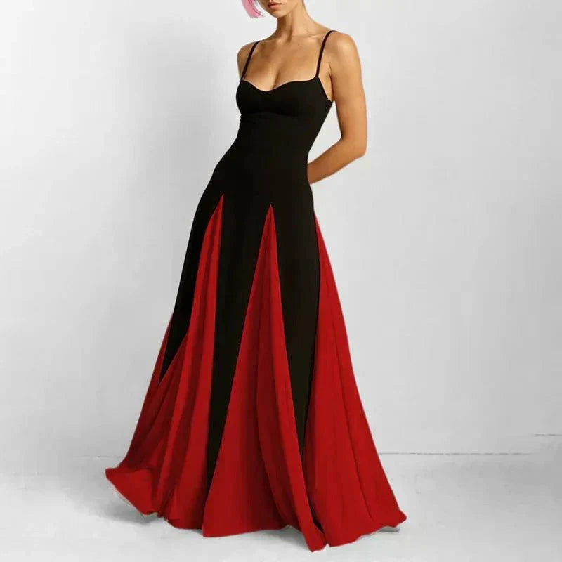 Vestido de férias bicolor preto e branco com saia fluida e alças finas elegante para eventos de verão