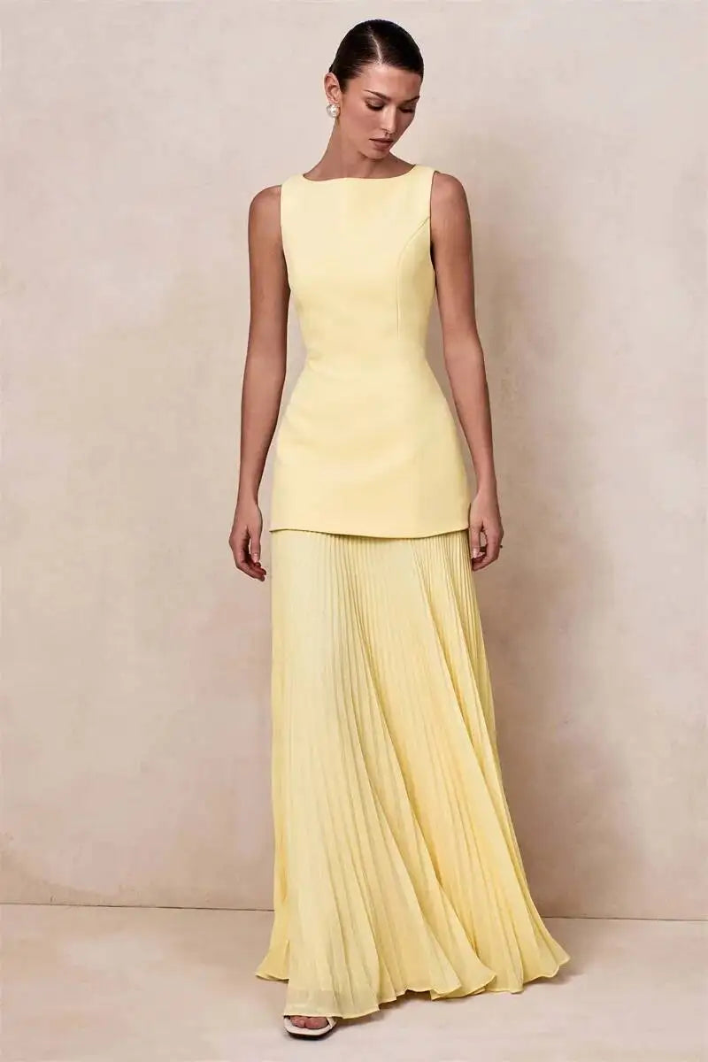 Vestido de Festa Longo Duas Peças Justo Plissado Decote Canoa