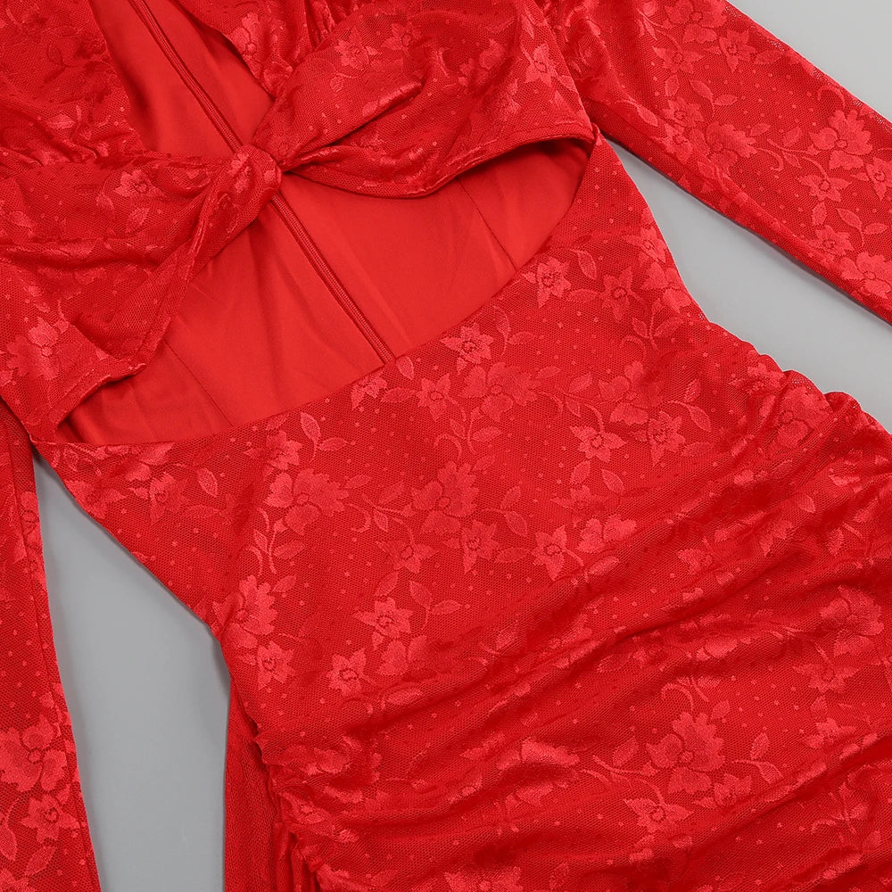 Vestido Curto Justo em Renda Vermelho e Branco com Luvas
