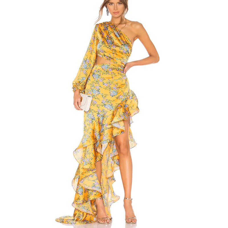 Vestido Longo Estampado de Um Ombro Só com Babados Elegante