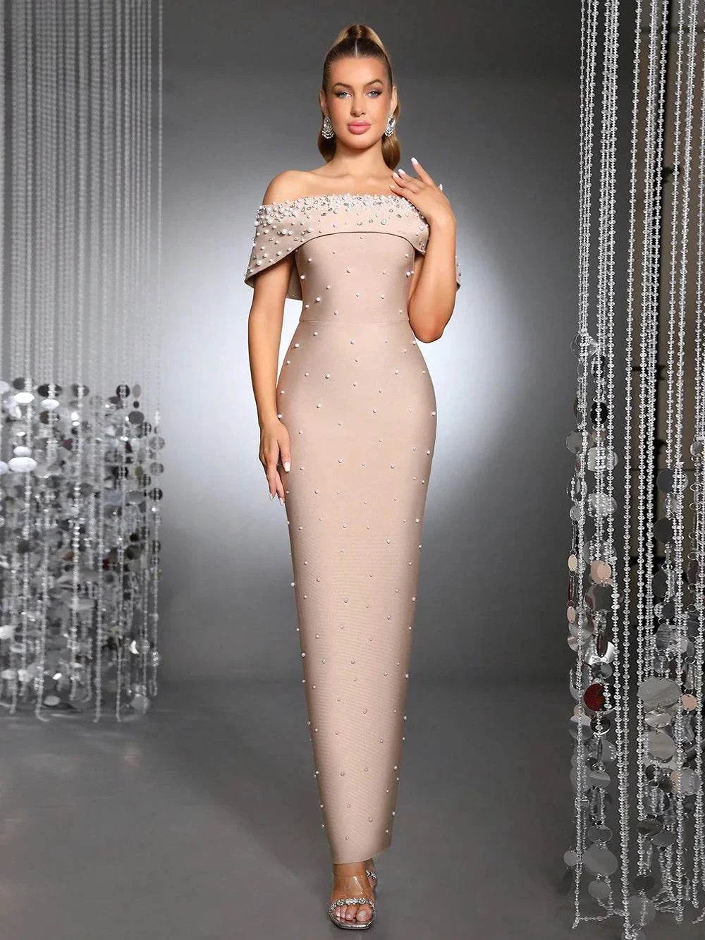 Vestido bodycon sexy para mulher ombros descobertos com pérolas e diamantes para festa à noite