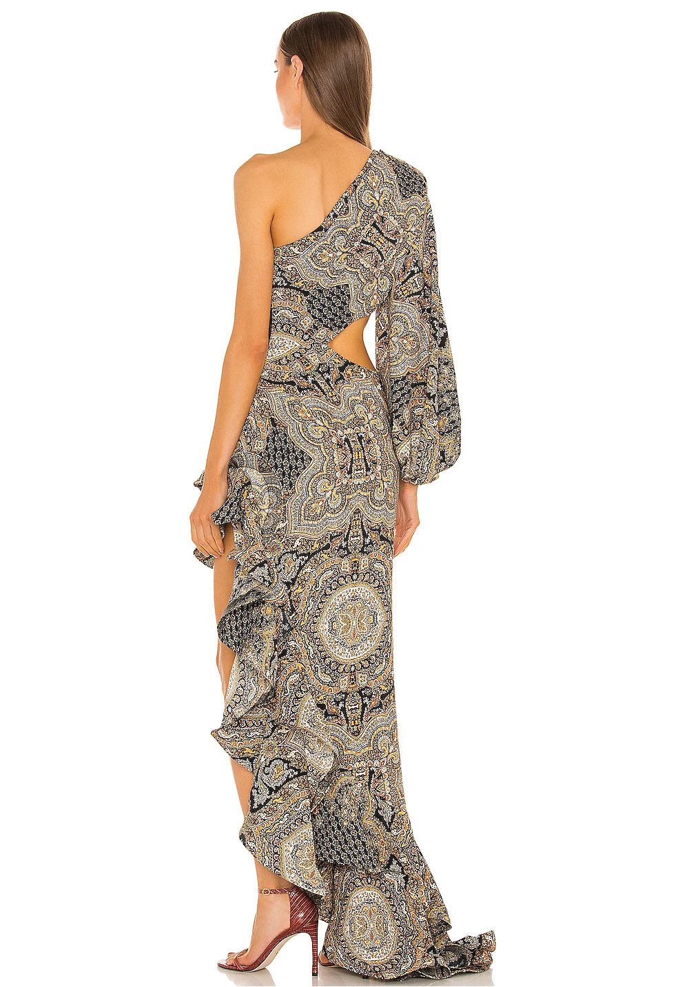 Vestido Longo Estampado de Um Ombro Só com Babados Elegante