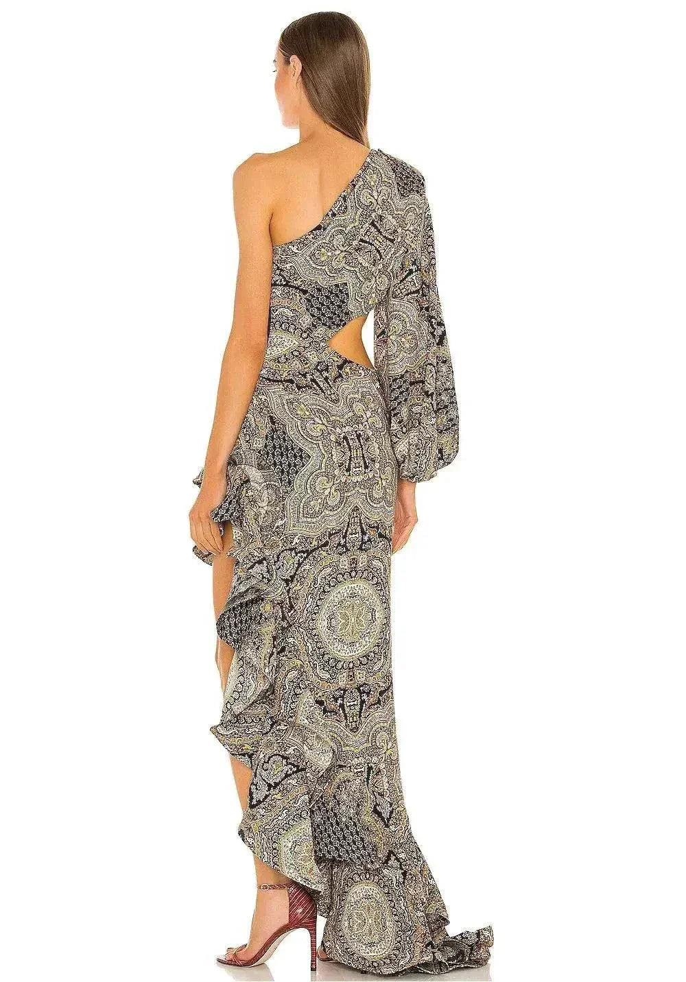 Vestido estampado de um ombro só com babados elegante em festa formal