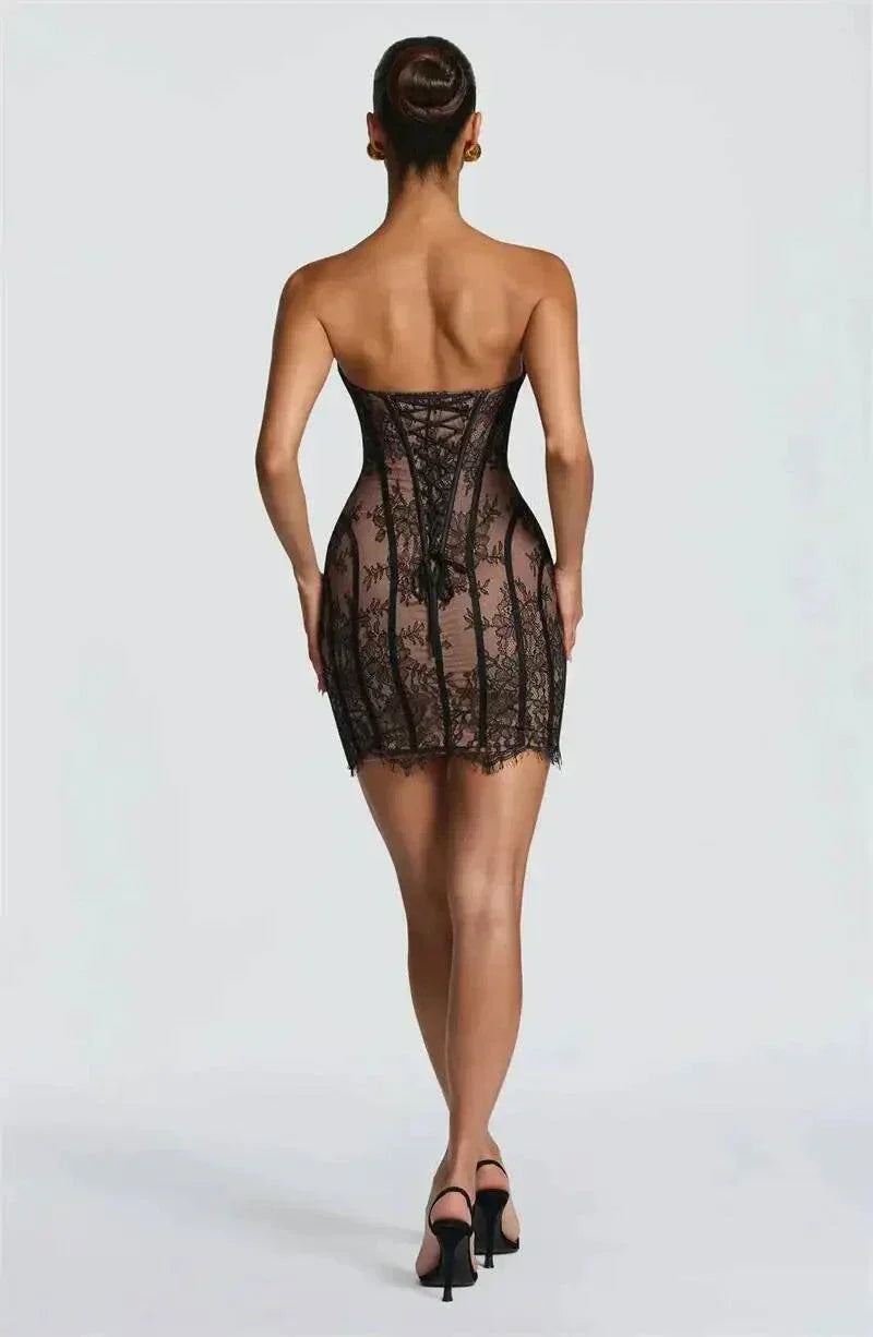Vestido mini sem costura corpo ajustado renda preta para festa