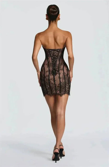 Vestido mini sem costura corpo ajustado renda preta para festa