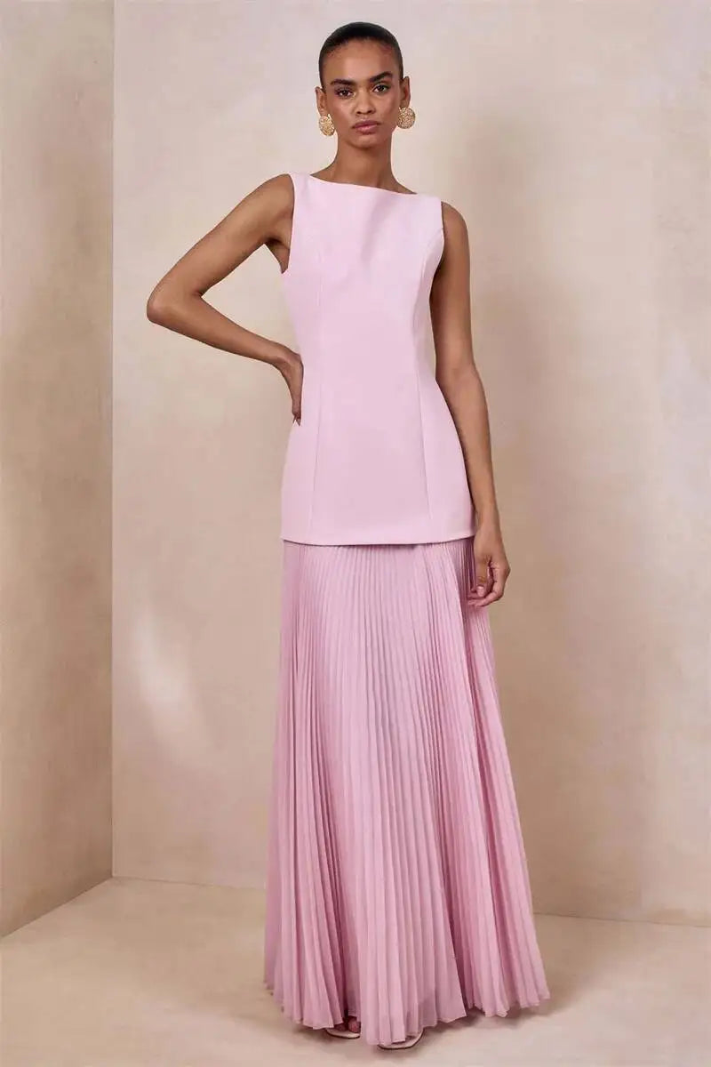 Vestido de Festa Longo Duas Peças Justo Plissado Decote Canoa