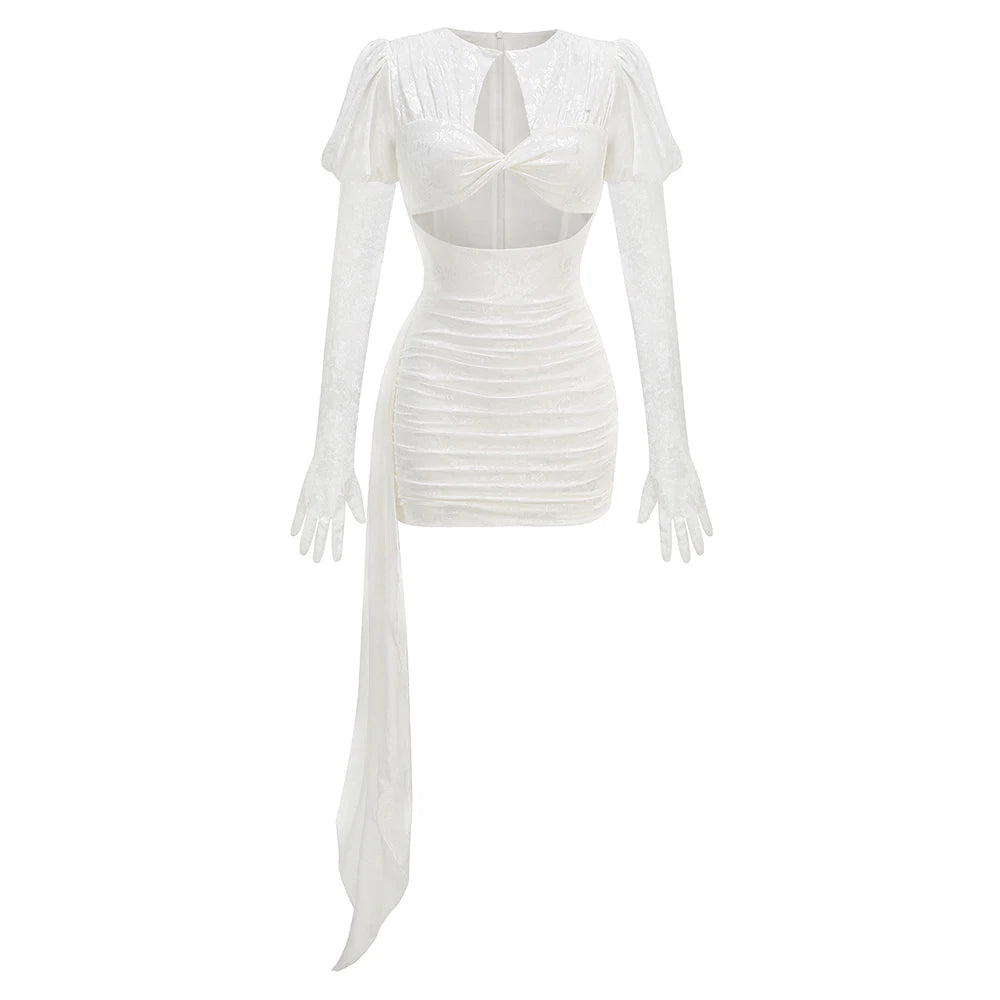 Vestido Curto Justo em Renda Vermelho e Branco com Luvas