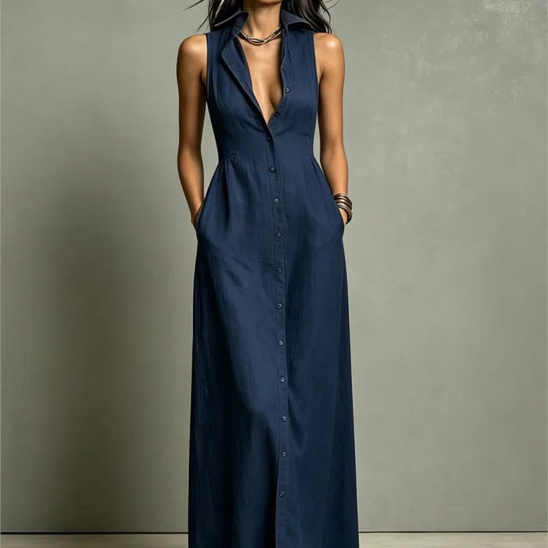 Vestido Longo Tipo Camisa Sem Manga com Decote V e Abotoamento Frontal