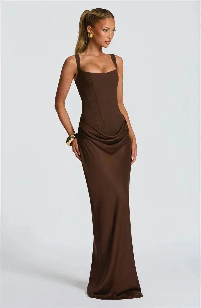 Vestido maxi elegante sem costas com gola quadrada e franzidos para festas e clubes