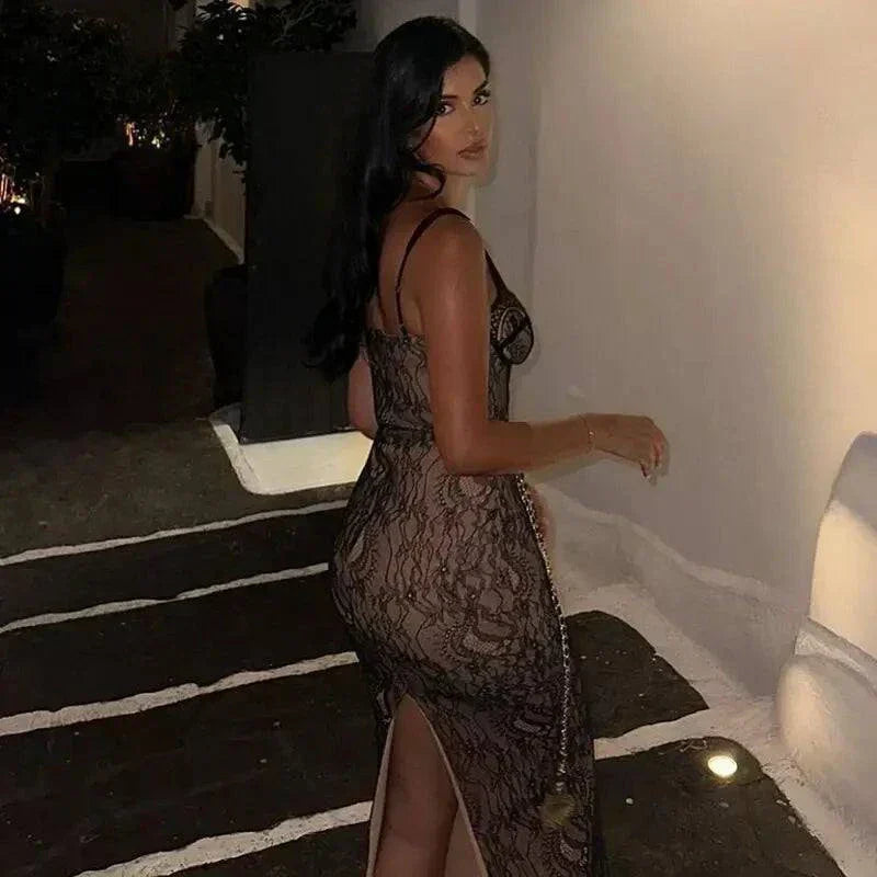 Vestido longo sexy de renda com decote ombro a ombro elegante para festa