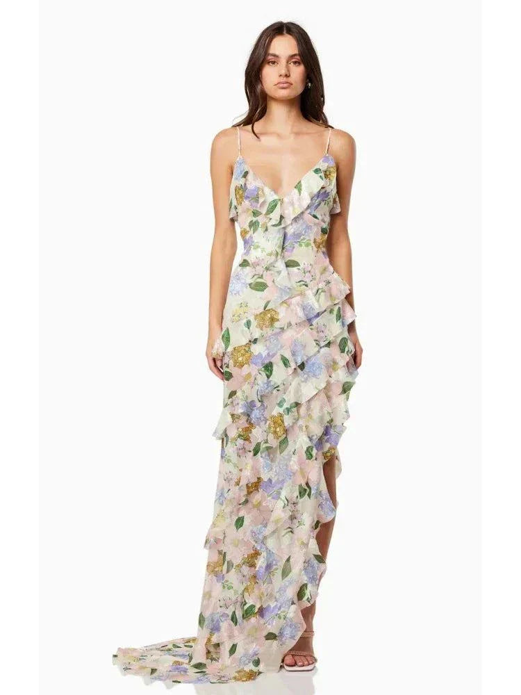 Vestido de praia longo floral com alças finas e decote em V, ideal para festas e férias na praia
