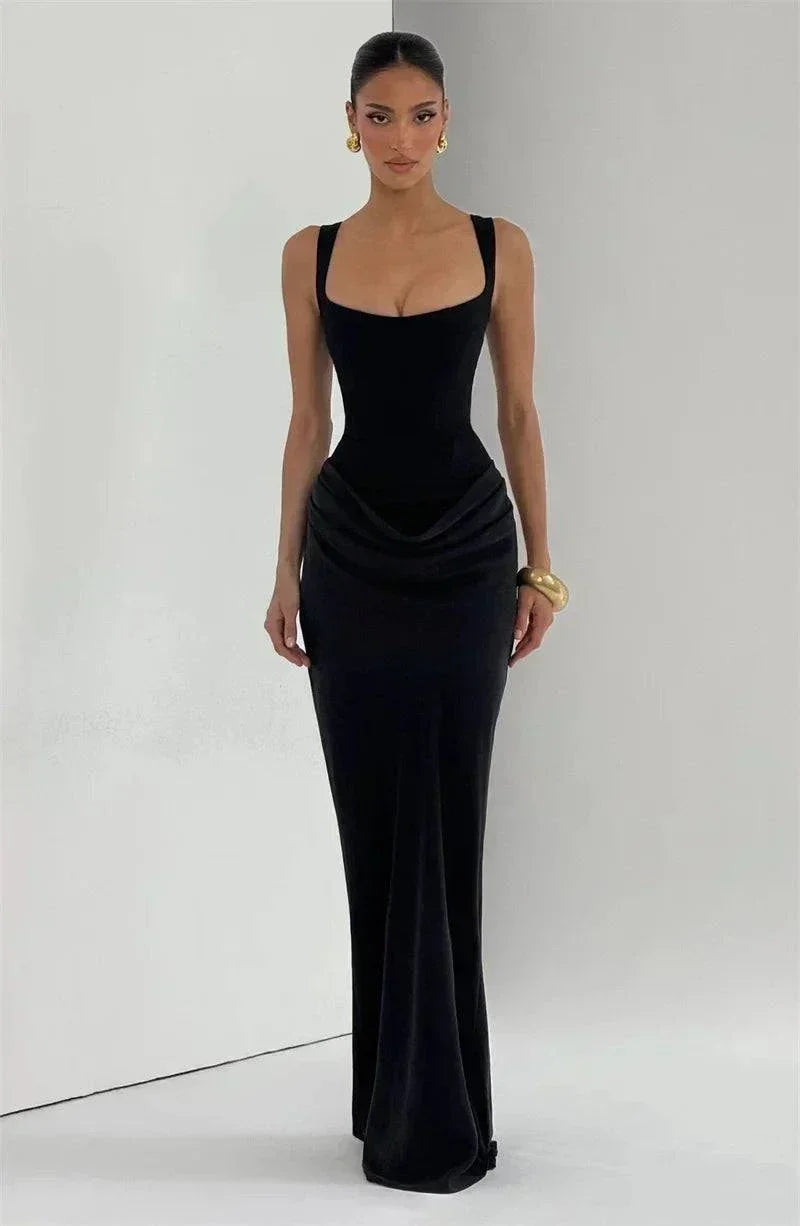 Vestido maxi feminino elegante, decote quadrado, sem mangas, ajustado com pregas para festas e clubes