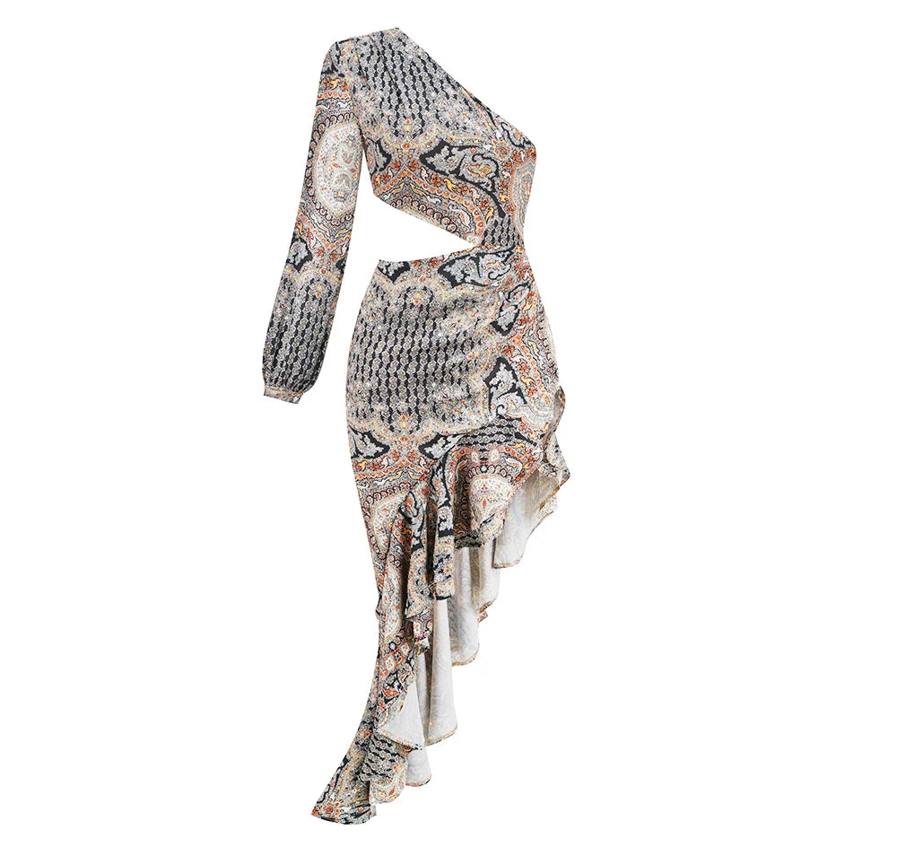 Vestido Longo Estampado de Um Ombro Só com Babados Elegante