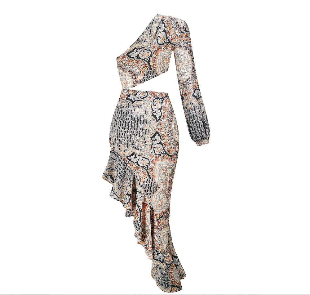 Vestido Longo Estampado de Um Ombro Só com Babados Elegante