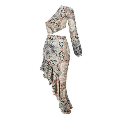 Vestido longo estampado de um ombro só com babados elegantes para eventos formais