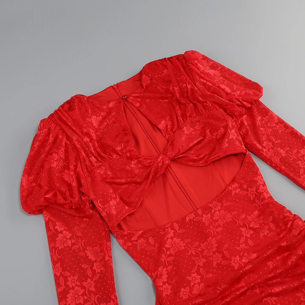 Vestido Curto Justo em Renda Vermelho e Branco com Luvas