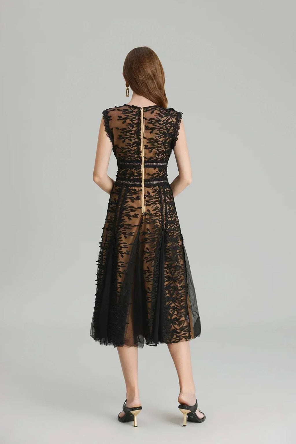 Vestido de festa midi feminino luxo verão renda bordado flores zíper dourado sem mangas gola O