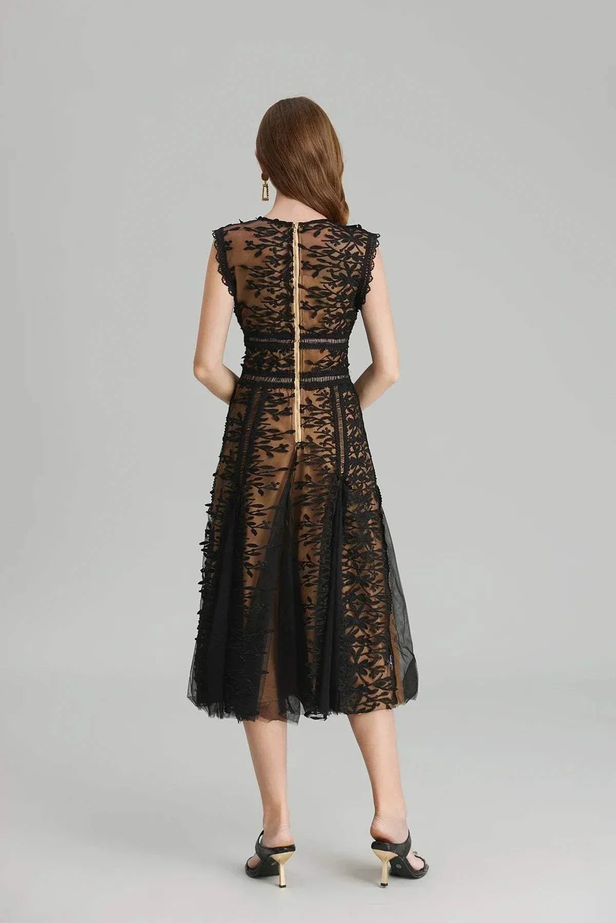 Vestido de festa midi feminino luxo verão renda bordado flores zíper dourado sem mangas gola O