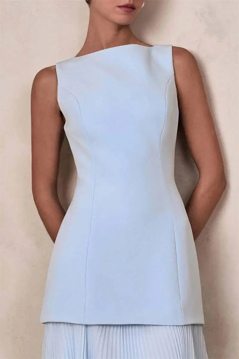 Vestido de Festa Longo Duas Peças Justo Plissado Decote Canoa