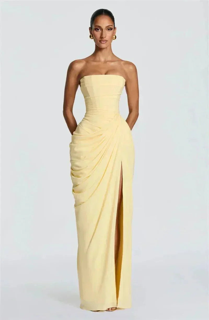 Vestido longo tomara que caia plissado em chiffon com fenda lateral elegante para festas