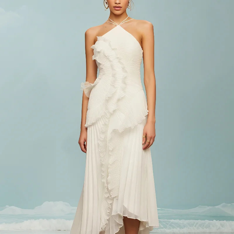 Vestido longo de férias roxo plissado com alças estilo halter e borda em forma de flor de lótus