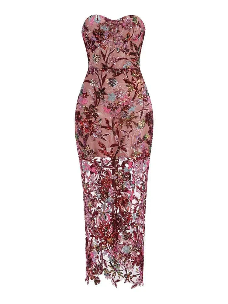 Vestido longo elegante sem alças com bordados florais e lantejoulas para festa noite