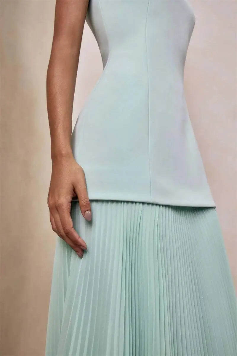 Vestido de Festa Longo Duas Peças Justo Plissado Decote Canoa