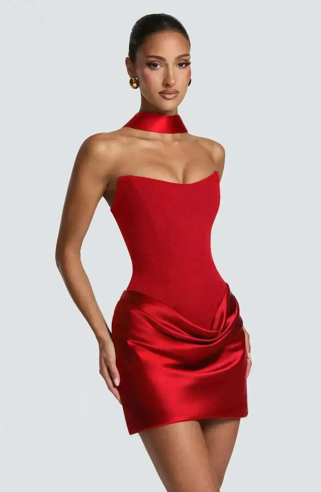 Vestido justo de patchwork plissado sem alças para mulher, mini, verão 2026