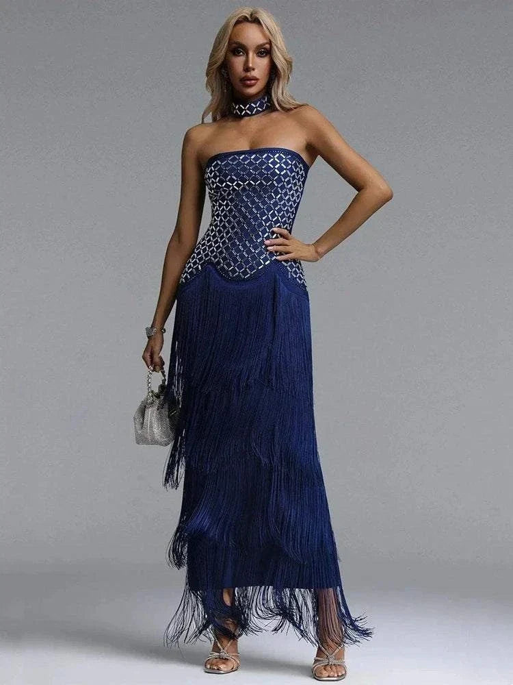 Vestido bandage feminino longo sem alças com detalhes de cristais e franjas para festa elegante