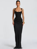 Vestido maxi longo elegante sem costas feminino para festa com decote quadrado e franzido