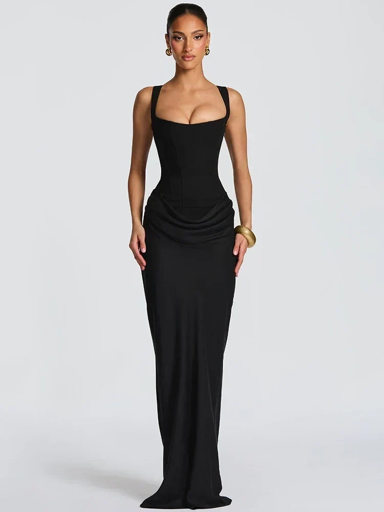 Vestido maxi longo elegante sem costas feminino para festa com decote quadrado e franzido