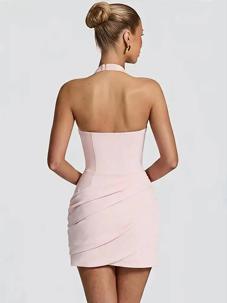 Vestido curto bodycon halter com decote em V profundo, elegante e sem mangas