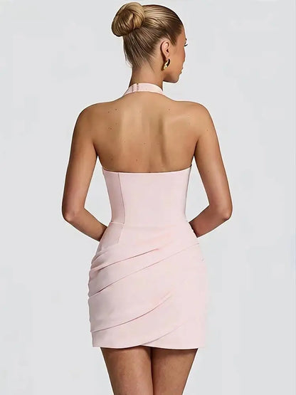 Vestido curto bodycon halter com decote em V profundo, elegante e sem mangas