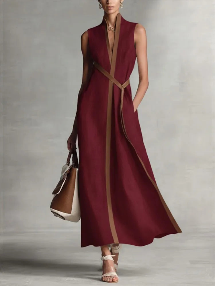 Vestido Longo em Algodão e Linho Sem Manga com Decote V e Amarração