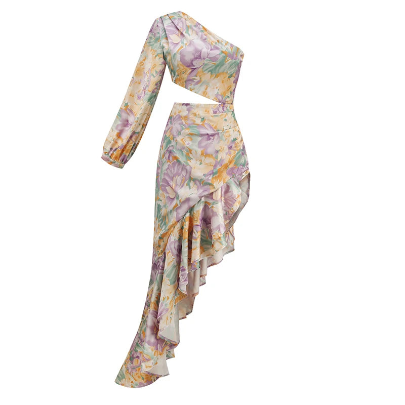 Vestido Longo Estampado de Um Ombro Só com Babados Elegante