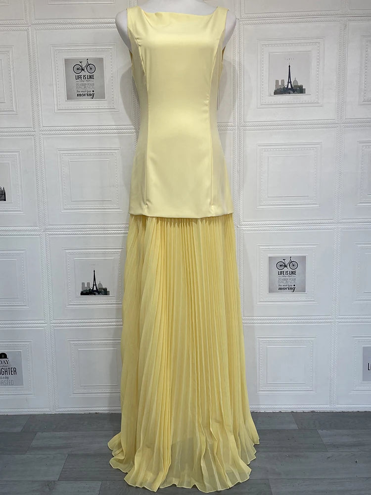 Vestido de Festa Longo Duas Peças Justo Plissado Decote Canoa