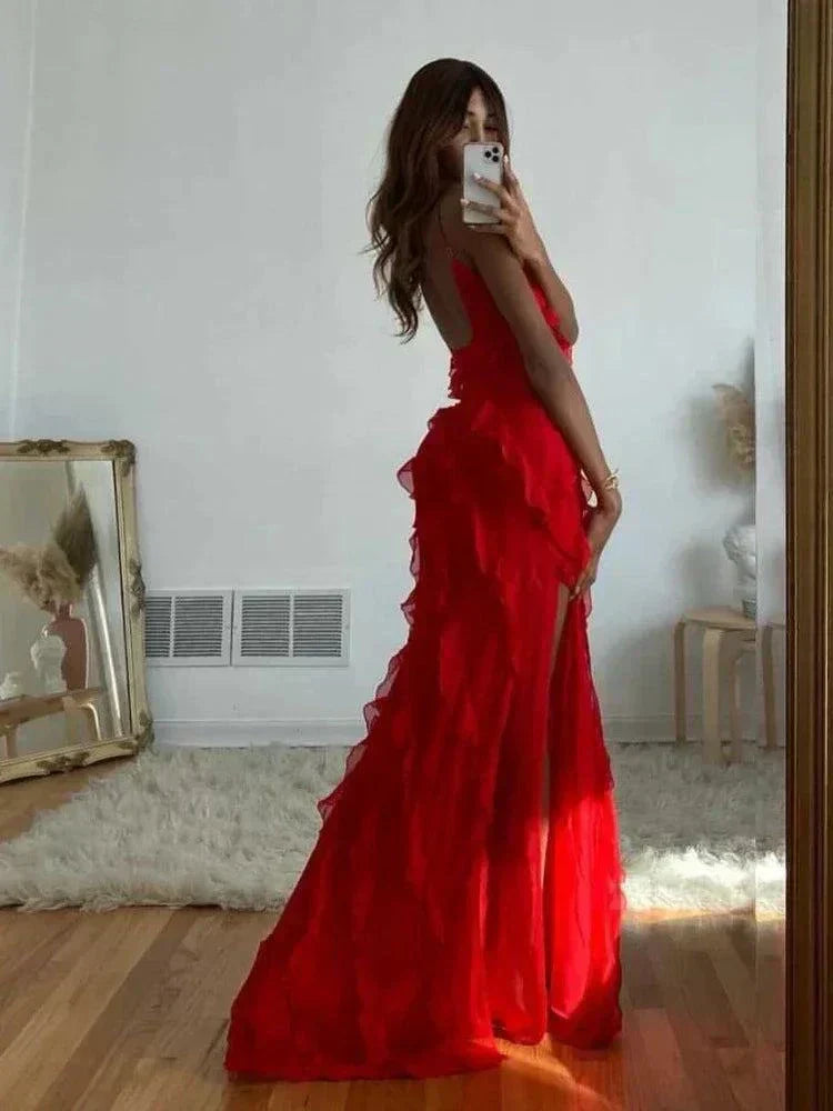 Vestido longo de alça em chiffon com babados, estilo summer fashion elegante e fresco para verão