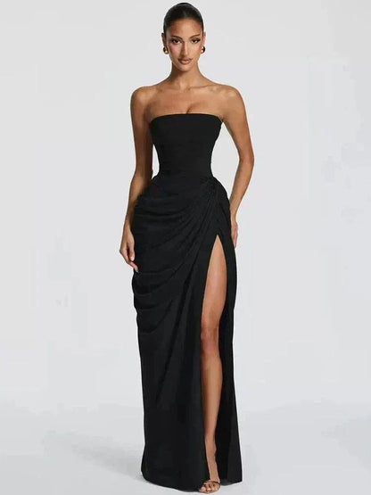 Vestido longo tomara que caia plissado com fenda lateral elegante para festa