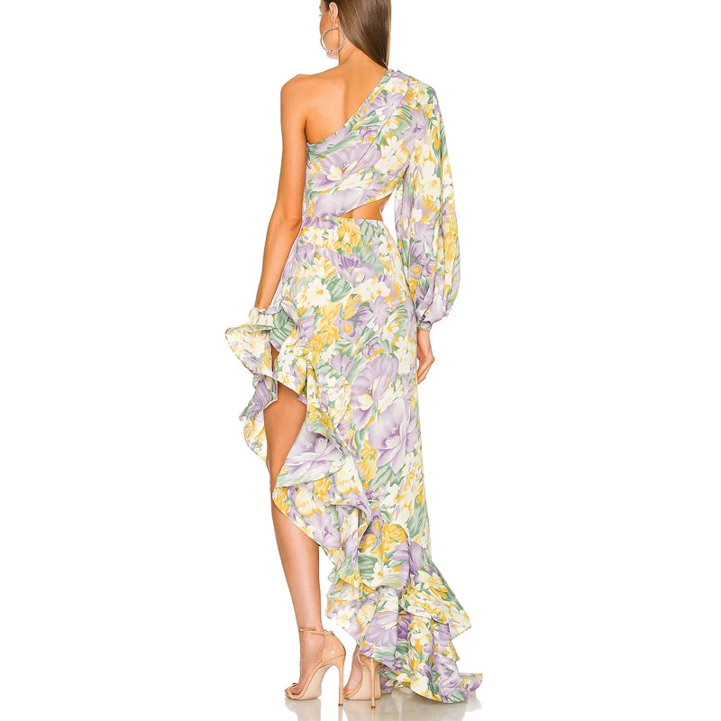 Vestido Longo Estampado de Um Ombro Só com Babados Elegante
