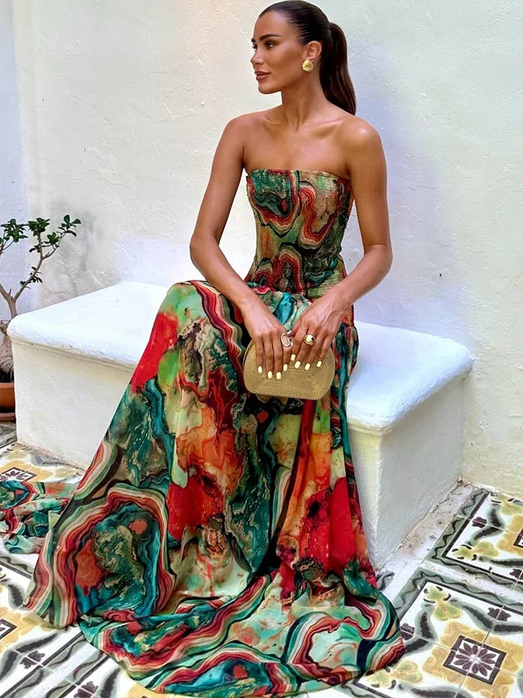 Vestido Longo Tomara que Caia Plissado com Estampa Colorida - Verão 2026