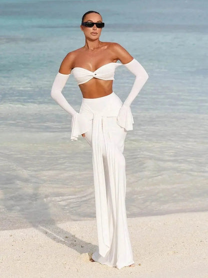 Conjunto Branco de Crop Top Manga Flare e Saia Longa Party Niquice