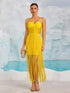 Vestido bandagem amarelo sem mangas com alças finas e franjas para mulher elegante