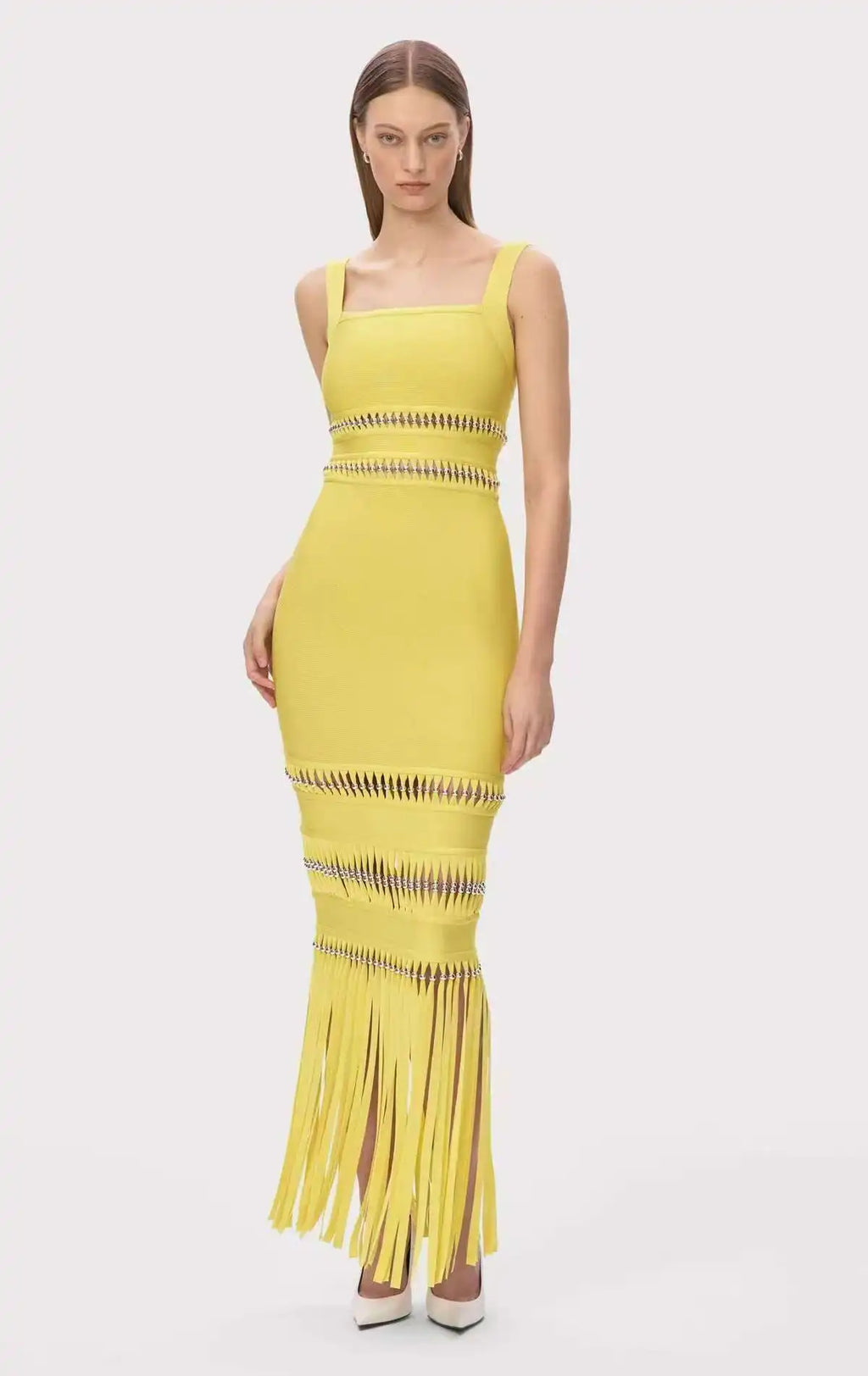 Vestido Bandagem Justo Sem Mangas com Franjas Elegante