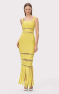 Vestido Bandagem Justo Sem Mangas com Franjas Elegante