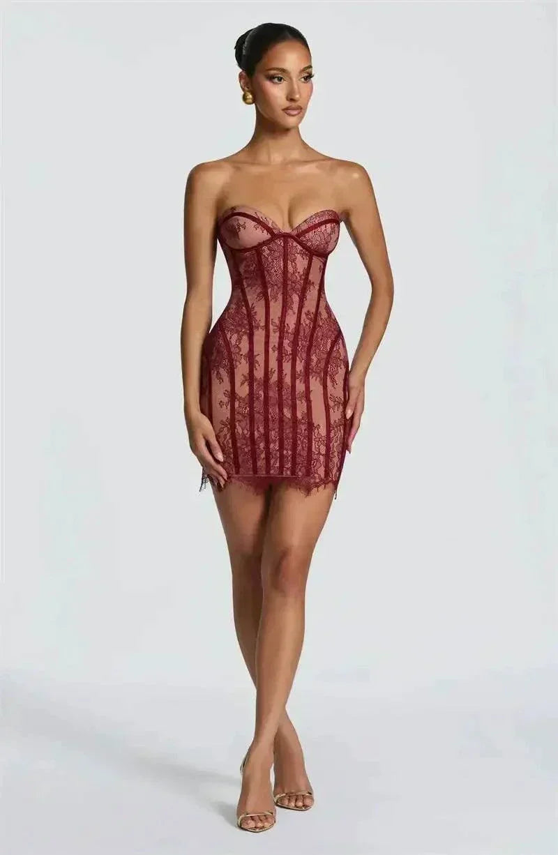 Vestido mini sem costura de renda, estilo sereia, com alças e decote coração para festa elegante