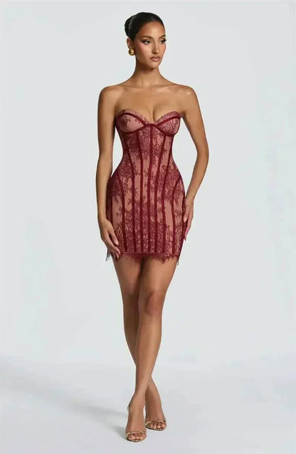 Vestido mini sem costura de renda, estilo sereia, com alças e decote coração para festa elegante