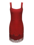 Vestido vermelho curto bodycon com alças finas de spaghetti e bordados para festa noite
