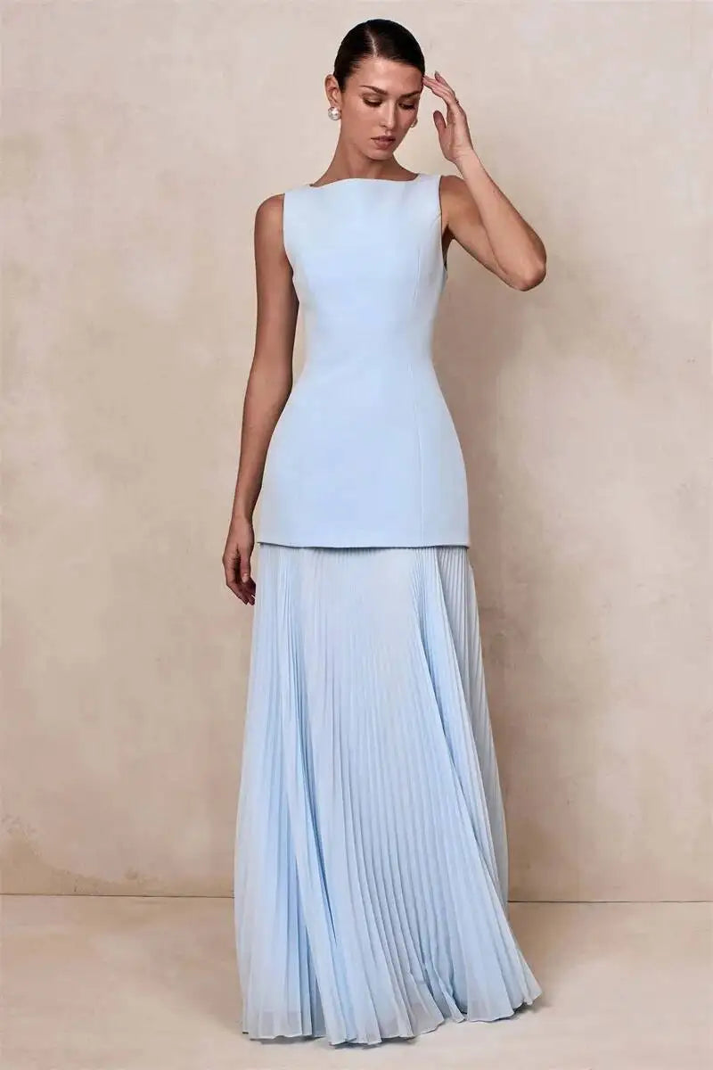 Vestido de Festa Longo Duas Peças Justo Plissado Decote Canoa