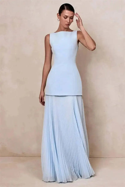 Vestido de Festa Longo Duas Peças Justo Plissado Decote Canoa Niquice